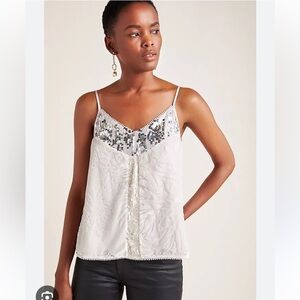 NWT Anthropologie Ivory & Silver Embellished Camisole Tank Top Medium Party